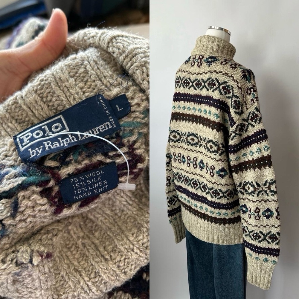 Vintage 1980’s POLO Ralph Lauren Hand knit Fair Isle turtleneck sweater large - Picture 12 of 13